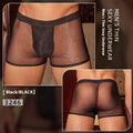 Men's black and white breathable nylon boxer briefs laid flat, showing ultra-thin fabric.