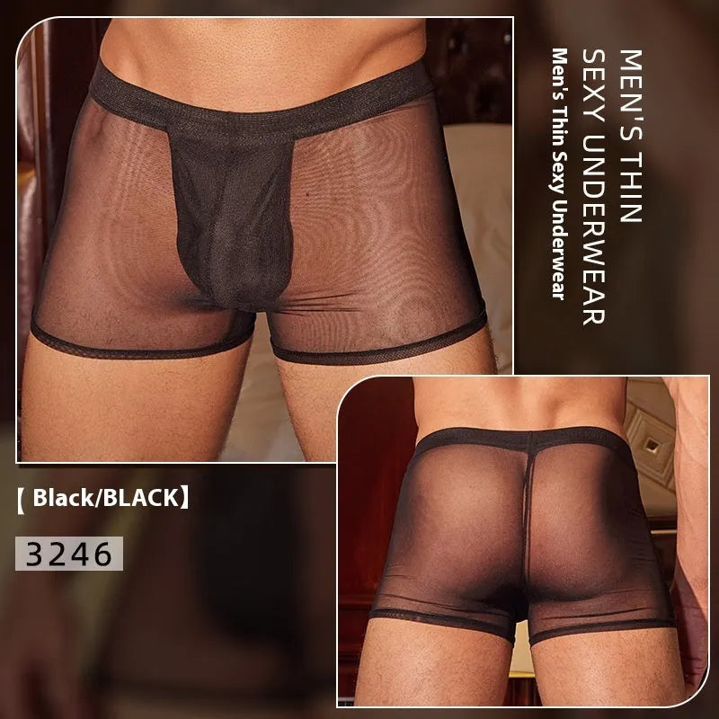 Men's black and white breathable nylon boxer briefs laid flat, showing ultra-thin fabric.