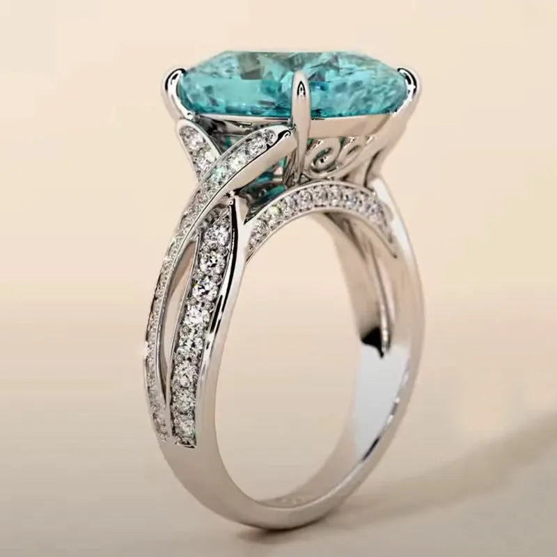 Blue luxury zircon square women's fashion ring with round cut cubic zirconia in metal setting