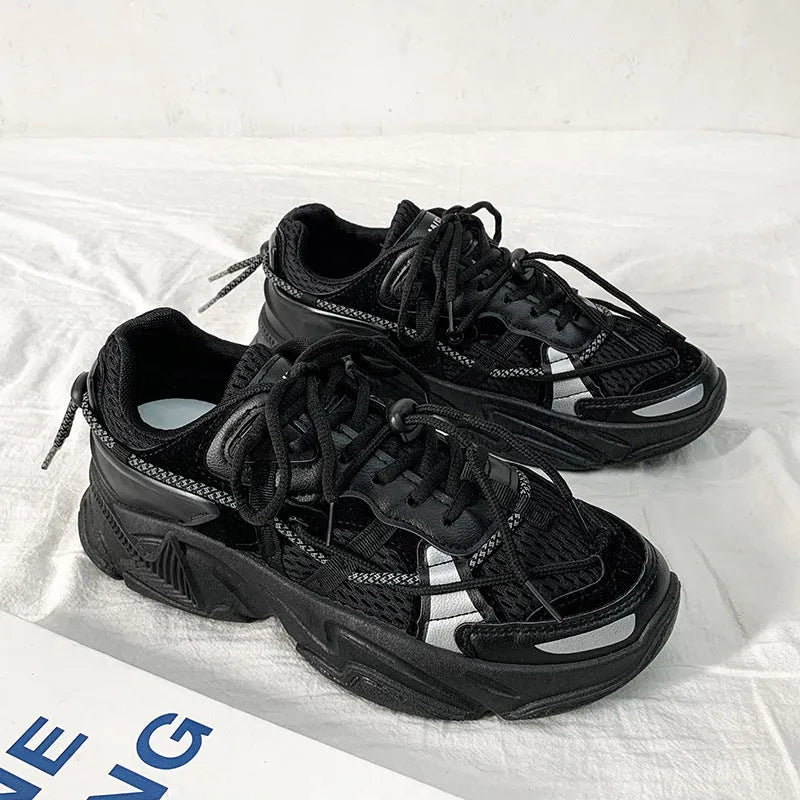 Men's white Korean style platform dad shoes with lace-up front on a neutral background.