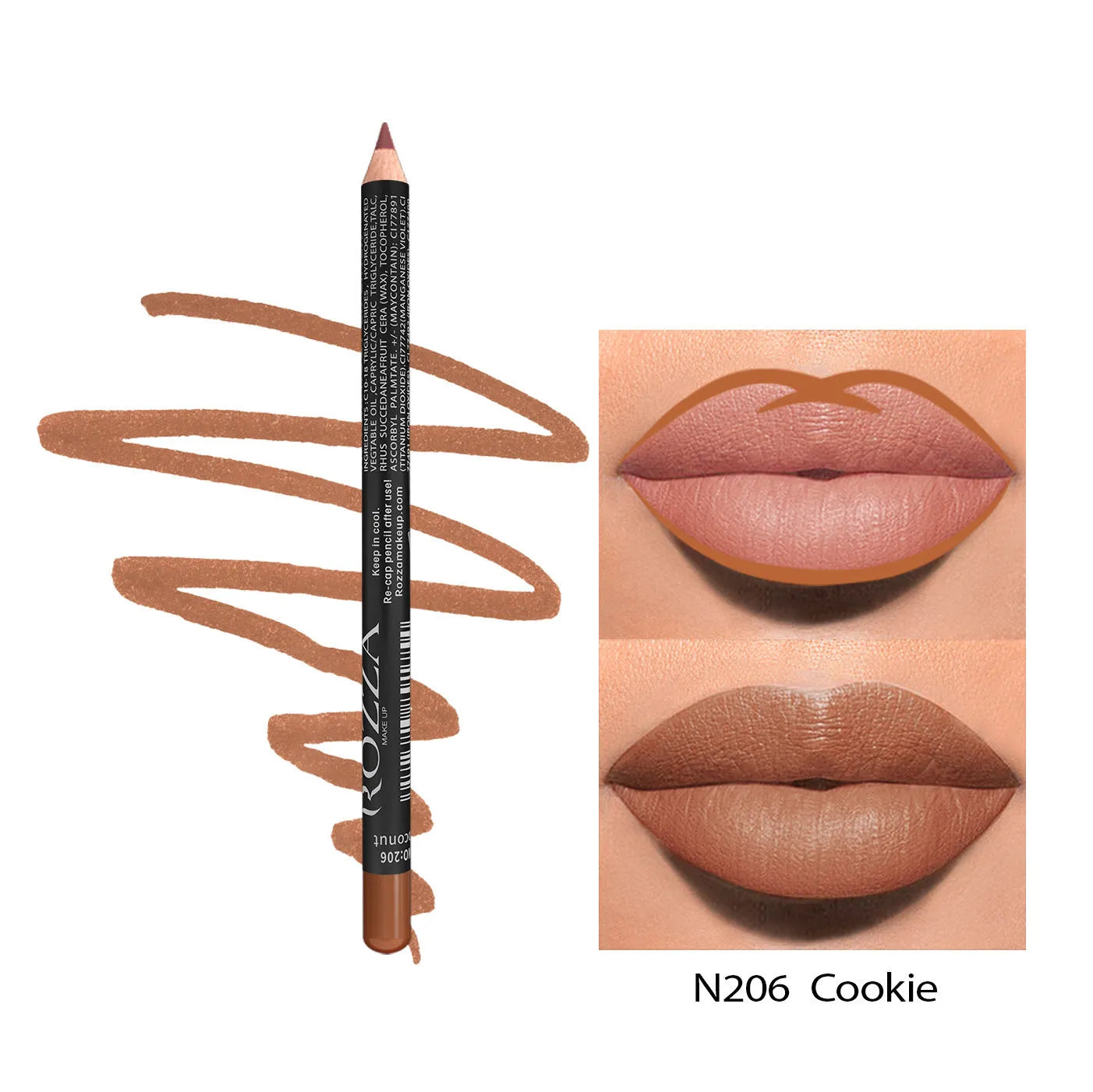 Matte finish lip liner pencil in wooden tone showing waterproof 24-hour formula