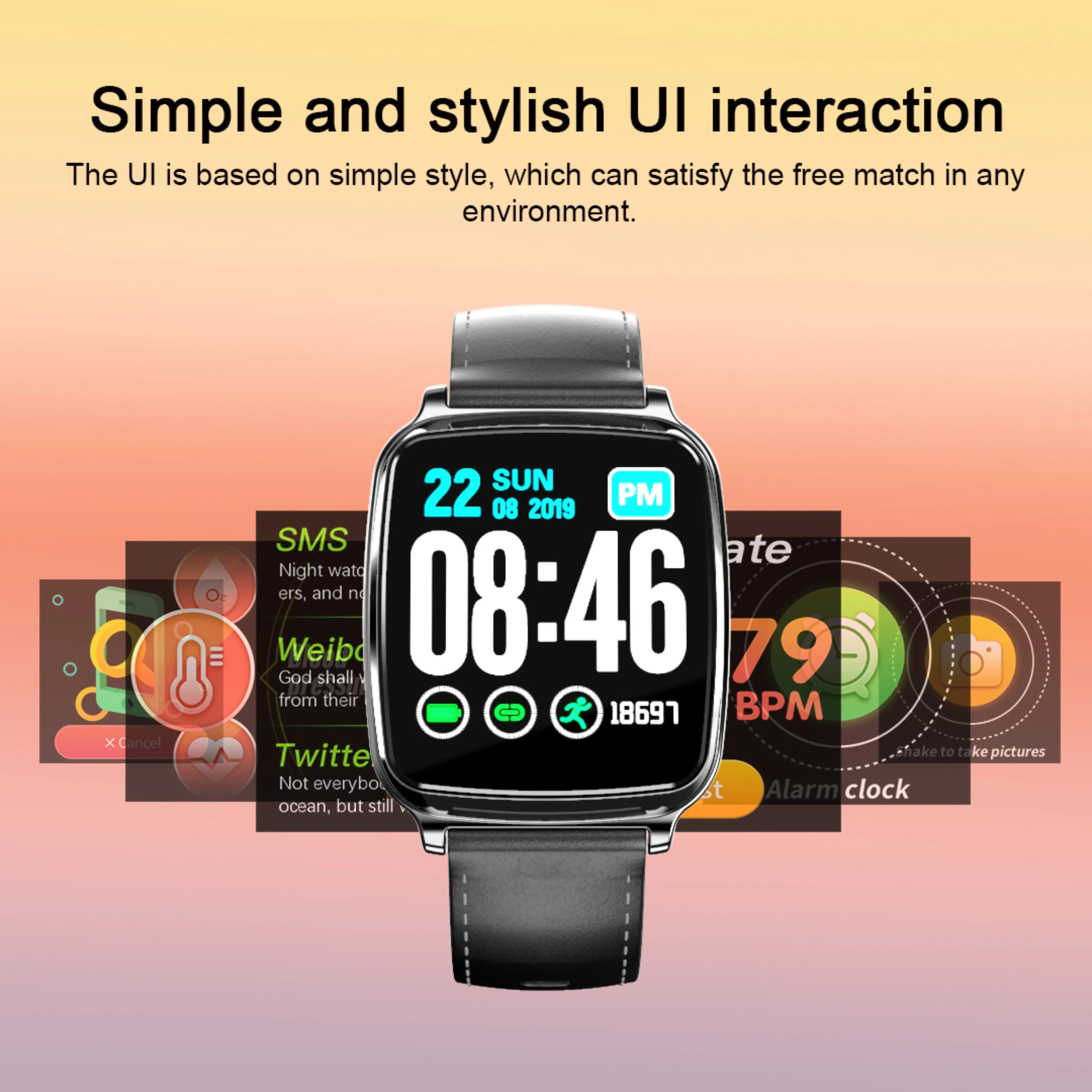 M8 smart bracelet in black on a wrist, showing heart rate data on its full-touch screen with a zinc alloy body.