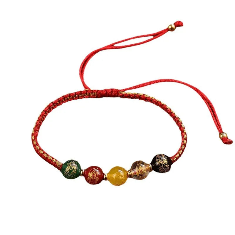 Five Gods of Wealth agate bracelet with hand-woven red rope braid and geometric beads