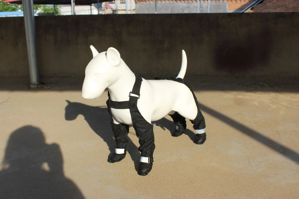 Black waterproof dog shoes with adjustable straps and non-slip soles in various sizes