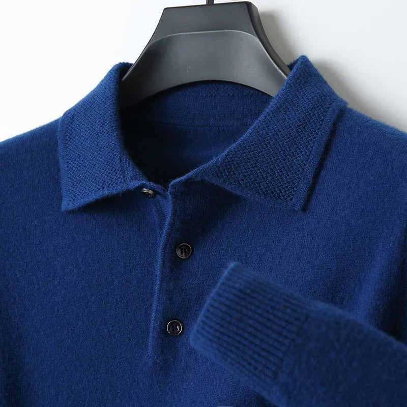 Men's woolen pullover sweater with a polo collar, shown in one of seven available colours.