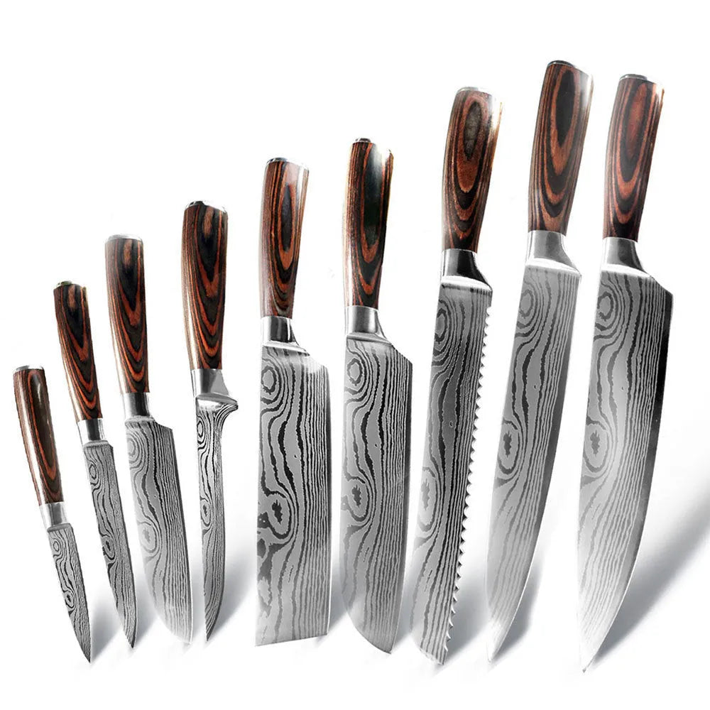 7CR17 stainless steel chef knife with laser Damascus pattern and colour steel handle