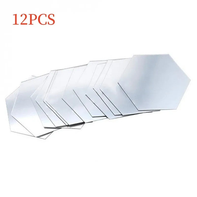 Hexagonal silver PS mirror wall sticker on a wall surface close up