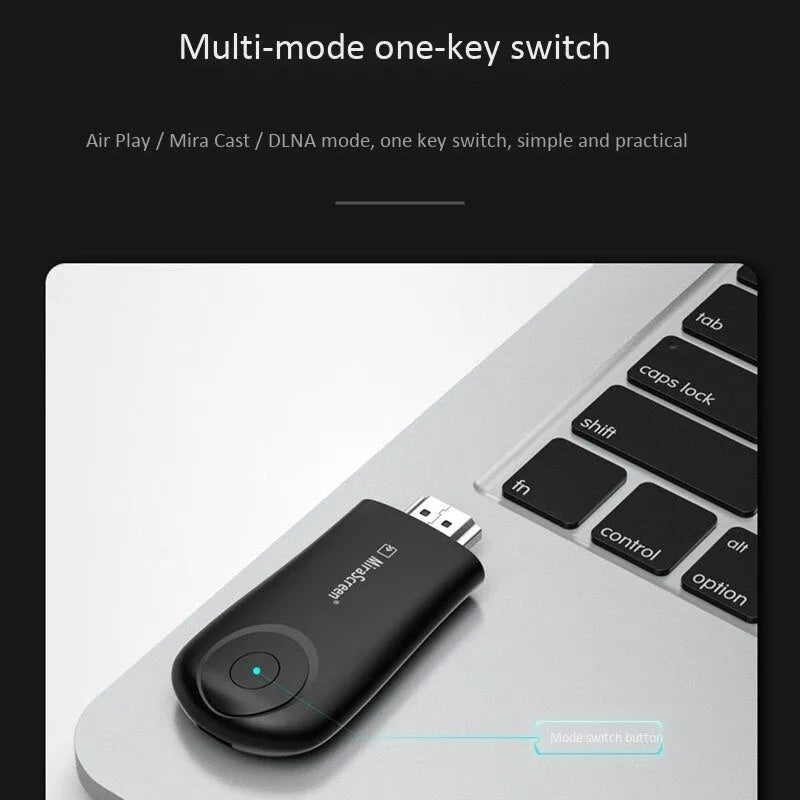 Black wireless screen player device with HDMI connection for smart phone content sharing