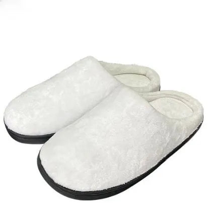 Customisable printed cotton slippers with flannel upper and textured TPR sole, shown in multiple adult sizes.