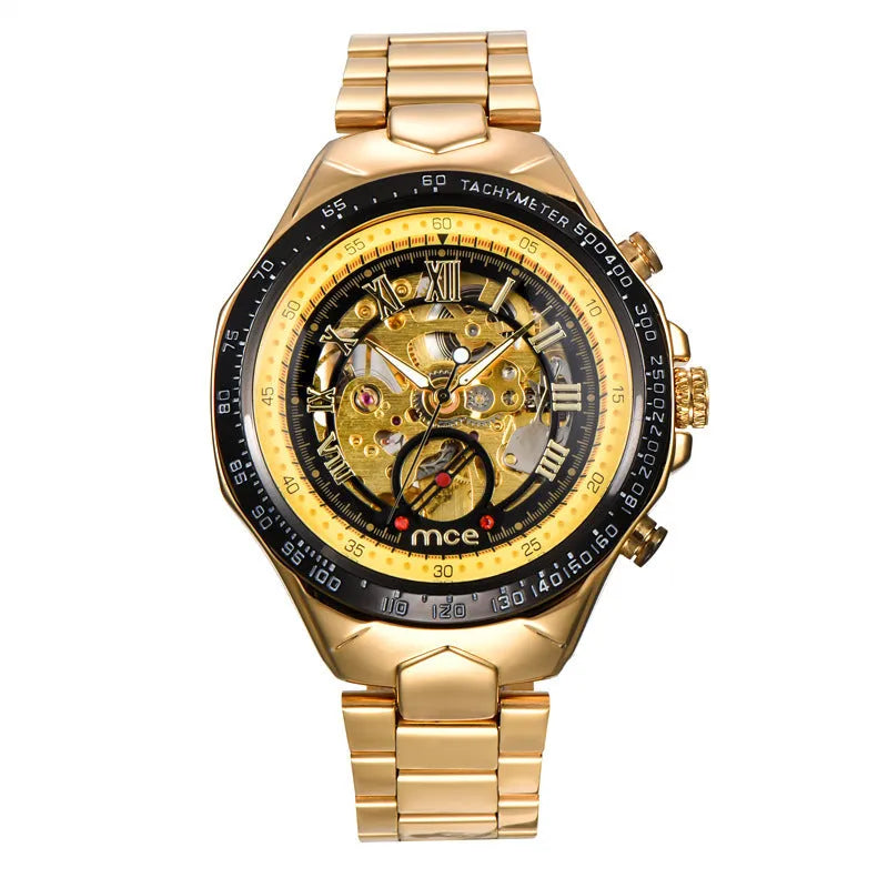 MCE men's mechanical watch with explosion-proof case on wrist, multiple colour options available.