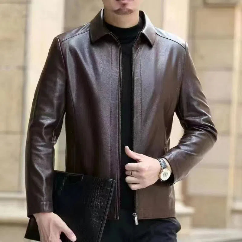Men's horse leather jacket, loose 100cm lengthened cut, stand or turn-down collar, black or brown, fleece-lined option