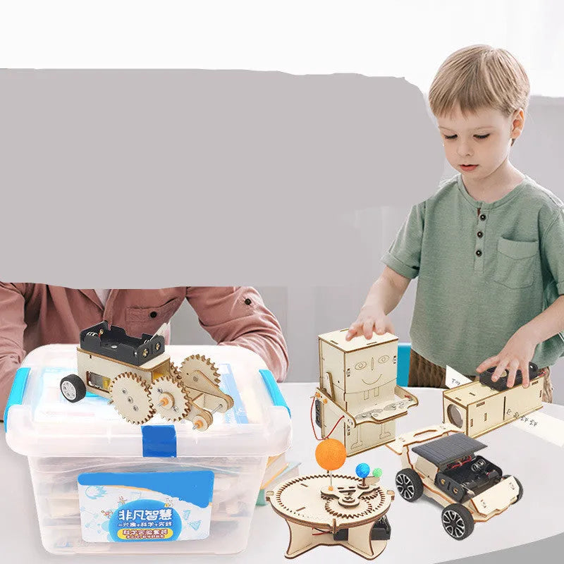 Physical science and technology small production kit with 16 wooden pieces, paint, screwdriver, glue and batteries for kids aged 7-14