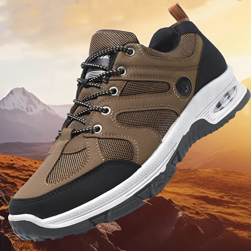 Men's breathable mesh sneakers with EVA sole, elastic lace-up fit, black camel grey, sizes 39 to 45