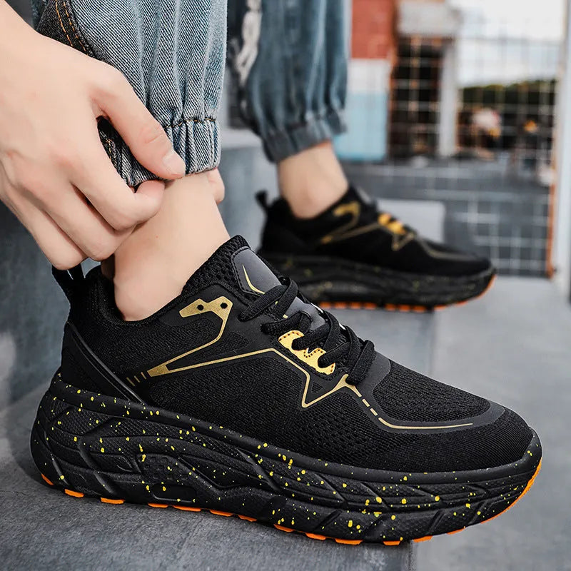 Cushioned rebound long-distance running shoes with breathable mesh upper, rubber and EVA sole, front lacing, in white, black, red, or yellow.