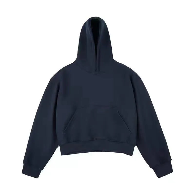 Short black Chinese cotton velvet hooded sweater with long sleeves on a hanger.