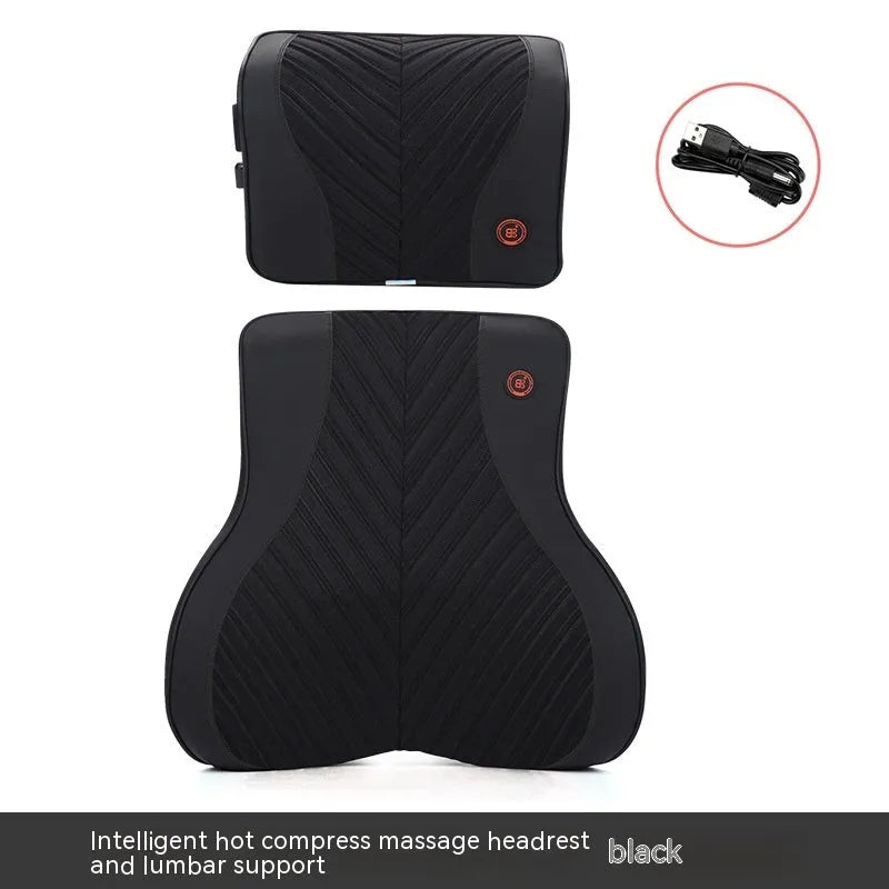 Black and red electric car massage headrest and lumbar support cushion with leather mesh fabric.