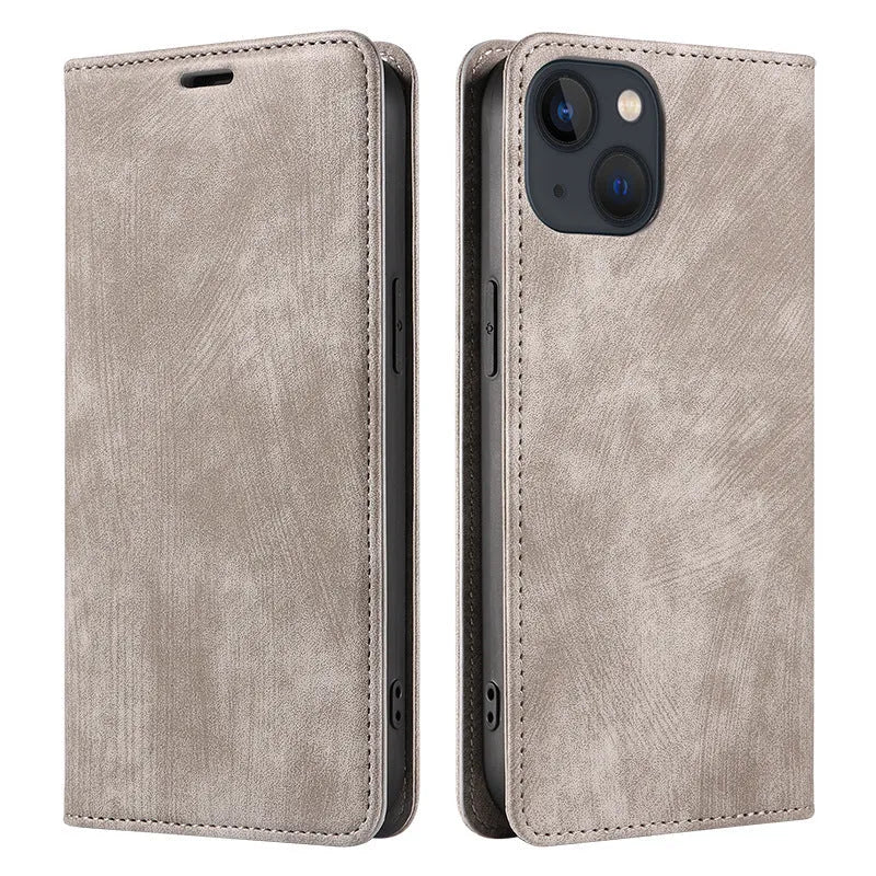 Magnetic flip phone case in leather for iPhone, shown open with cards in slots and closed with magnetic seal.