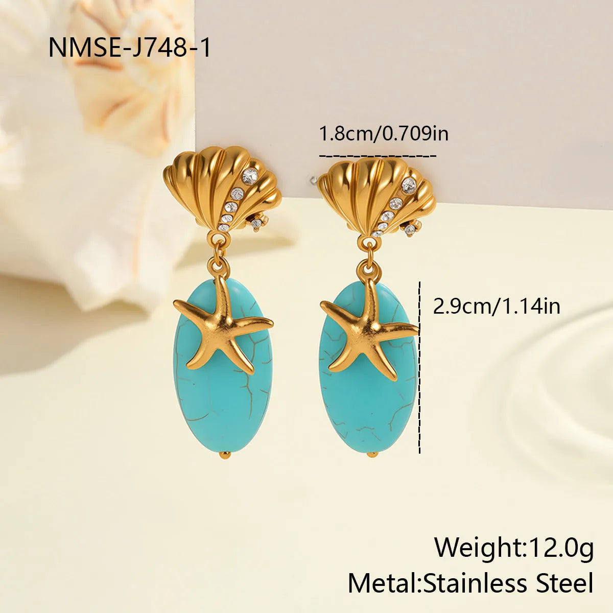Natural turquoise stone earrings in stainless steel with 18K electroplated gold-tone geometric star shape