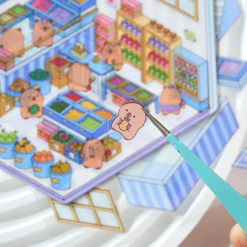 Set of eight colourful Capabala 3D business-themed cartoon stickers including bakery and bookstore designs.