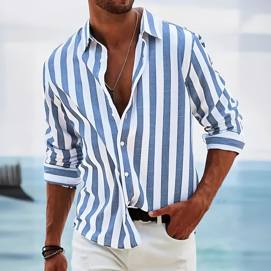 Men's loose-fit striped long-sleeved shirt in British cardigan style, available in light grey, black, pink, dark grey, red, and blue.