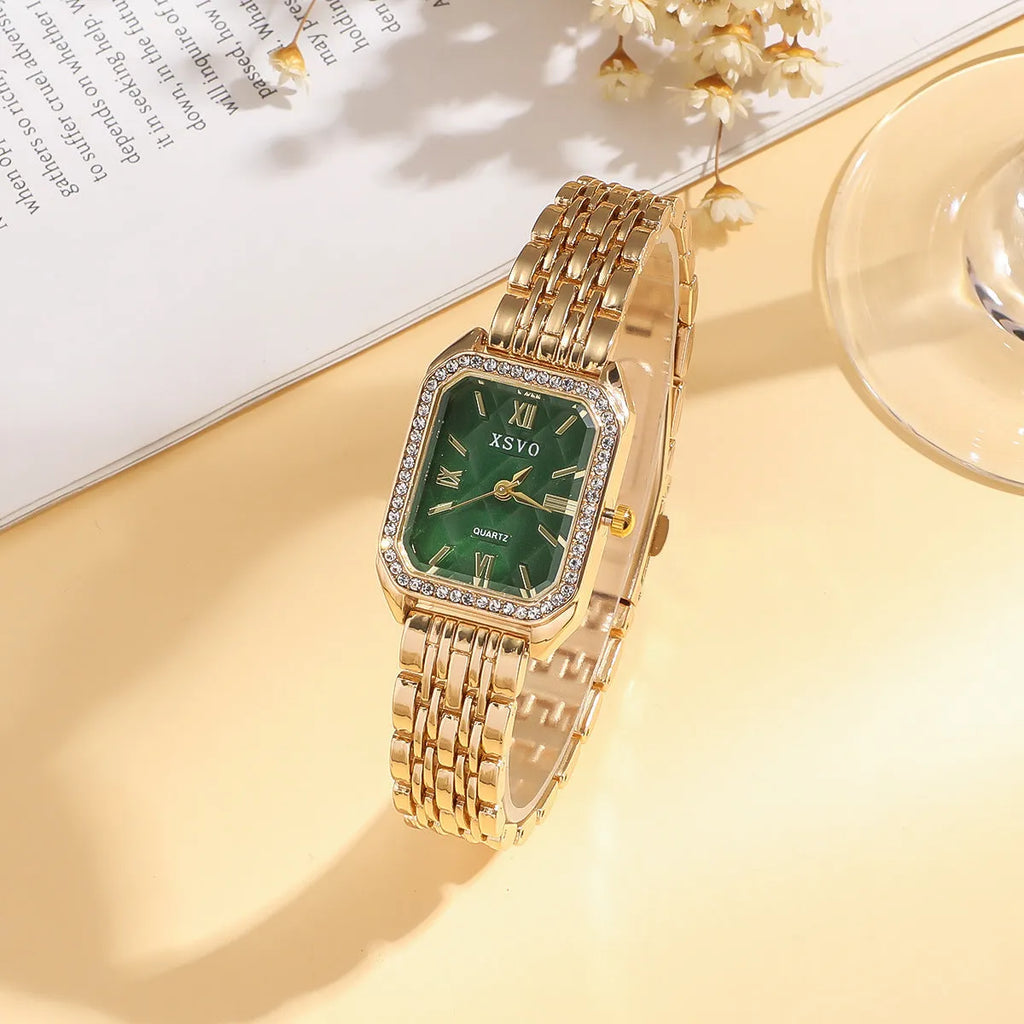 Gold green square women's watch with four matching butterfly bracelets in jewellery gift set