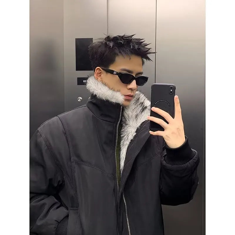 Cotton coat winter thickened flight jacket in black with side pockets and cardigan front