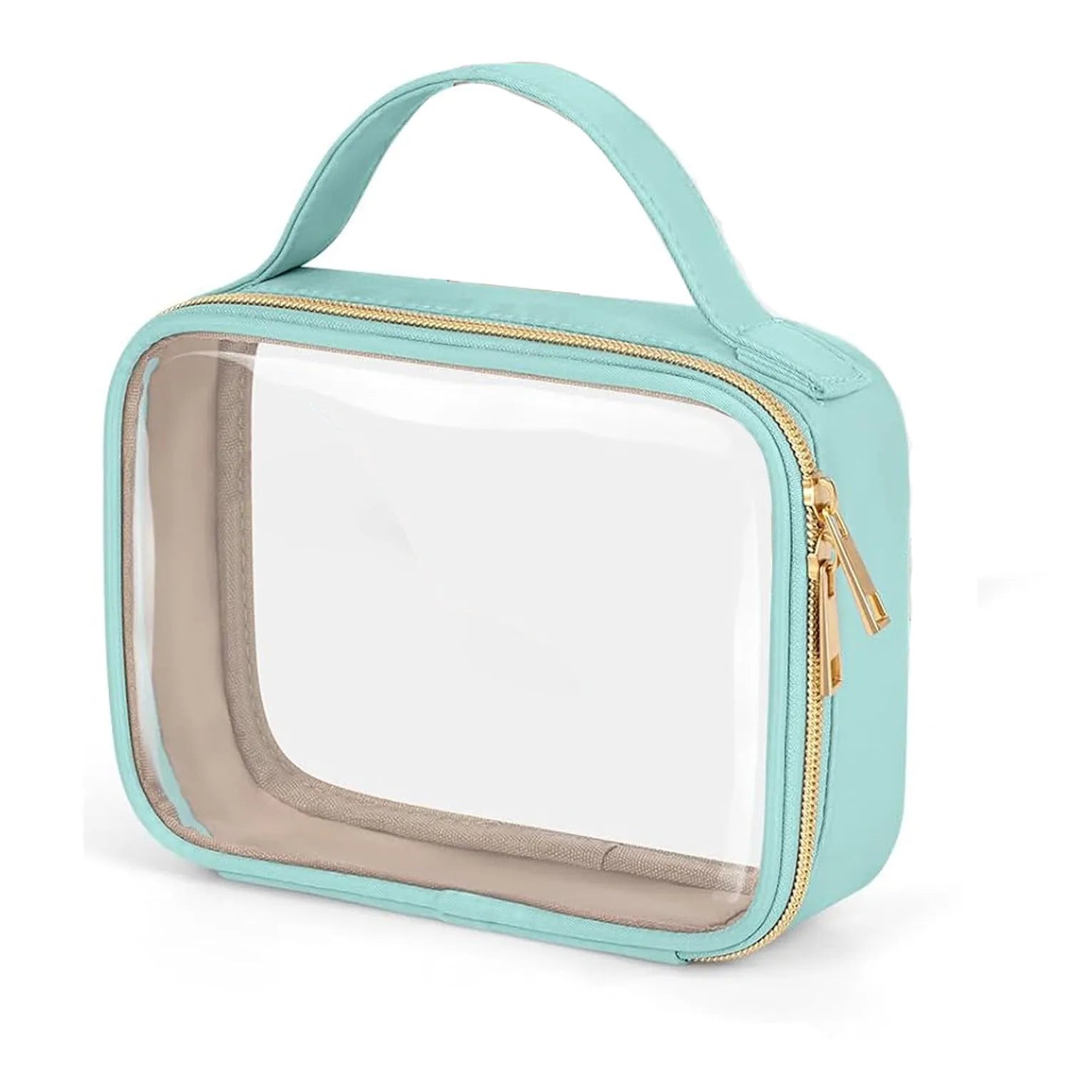 Transparent PVC makeup organiser bag with chain handle in assorted colours on a plain background.