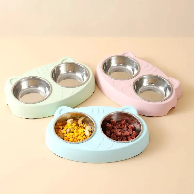 Blue plastic pet feeder tray with two bowls for cat or small dog food and water