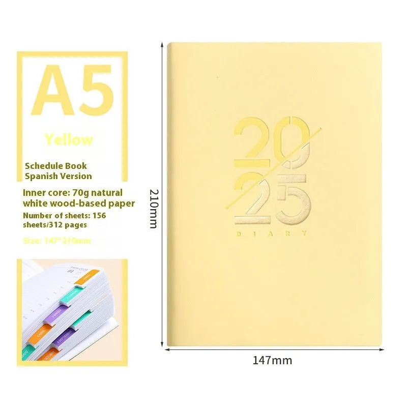 A5 2025 daily planner book with soft faux leather cover in blue colour, showing binding and open pages.