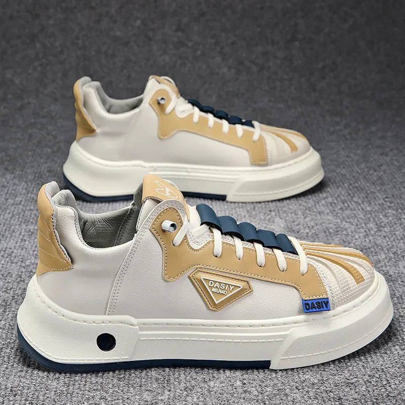 Men's beige low-top casual slip-on shoes with elastic band and leather stitching.