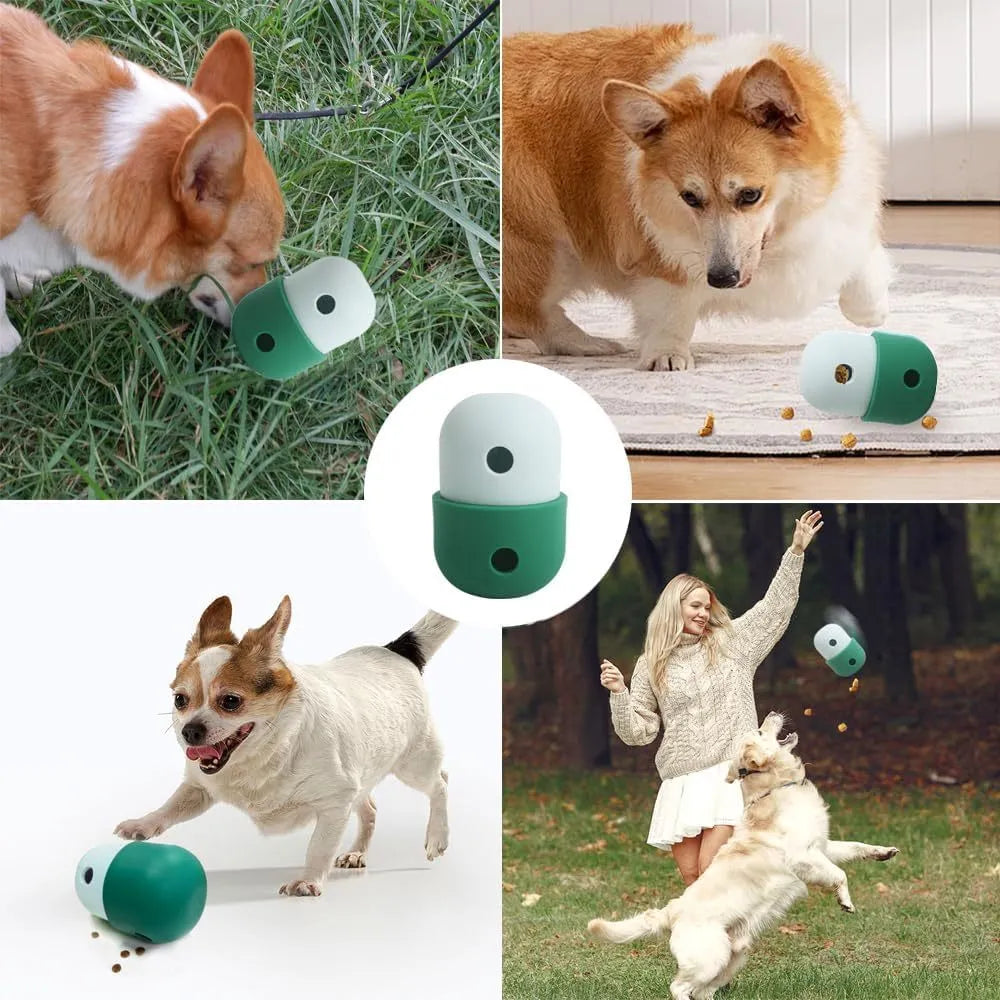 White and blue silicone dog treat puzzle ball toy on a wooden floor.