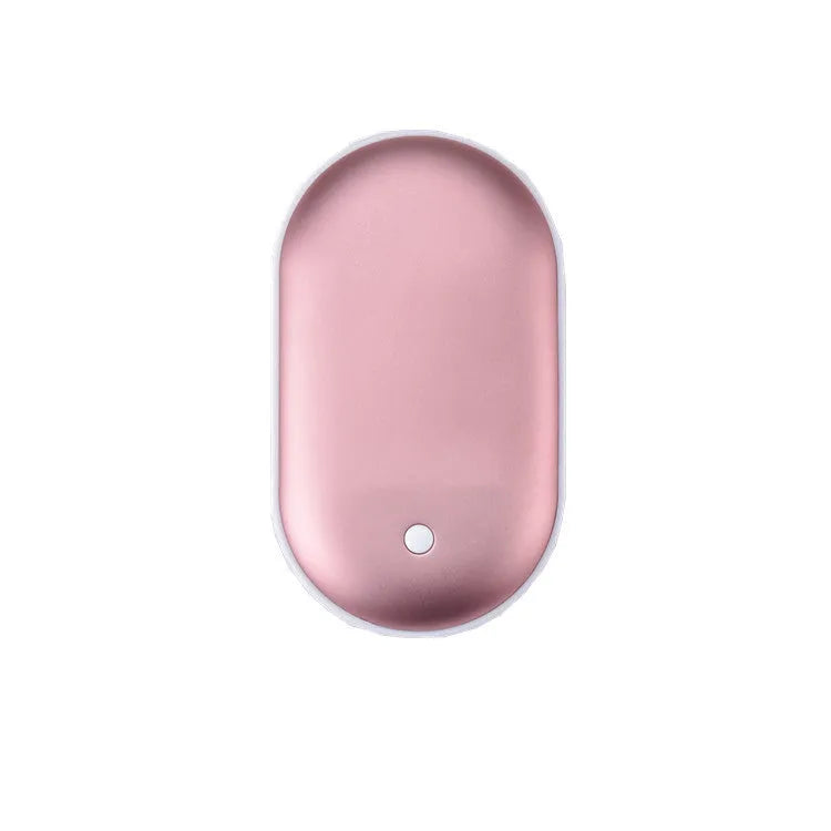 Rechargeable mini hand warmer and power bank device showing various colour options including rose gold and sky blue