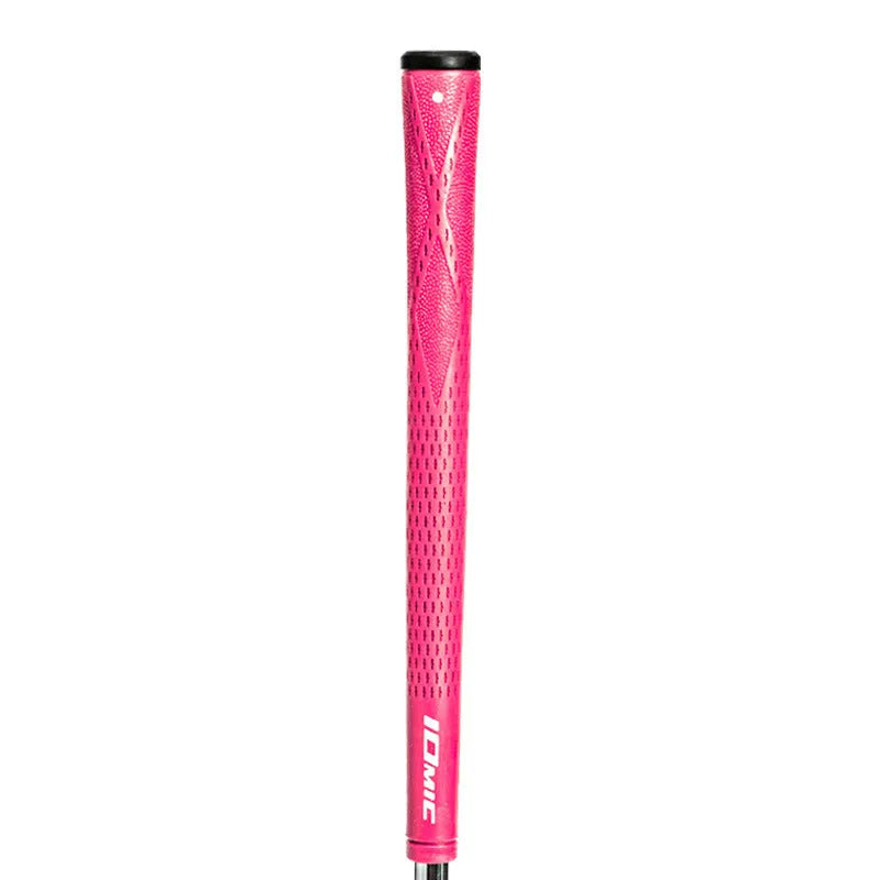 TPE golf club grip in assorted colours including pink, red, and black with blue head on a club shaft.
