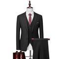 Men's navy blue plaid slim fit three-piece business casual suit on a hanger.