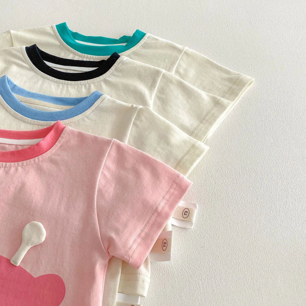 Girls' cotton short sleeve T-shirt and plaid shorts two-piece set in sea blue, peach, Black Panda or avocado green