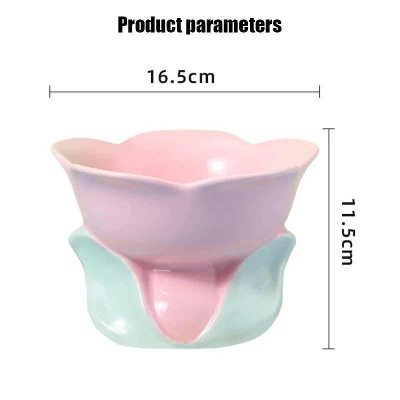 Blue ceramic pet bowl with floral pattern and elevated design for cats and small dogs