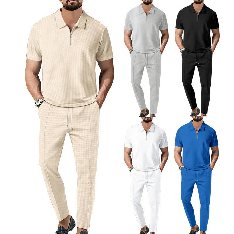 Men's waffle lapel casual suit set short sleeve top and trousers solid colour khaki