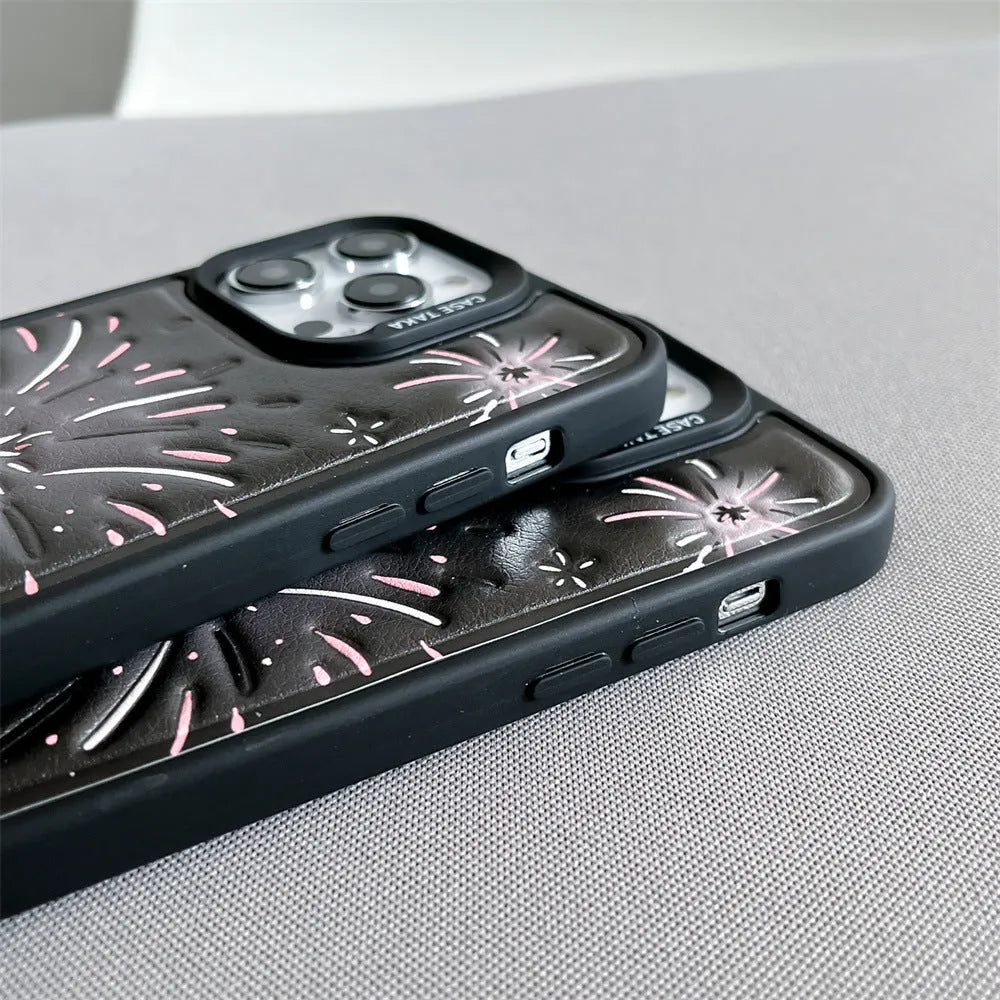 Leather embossed TPU phone case for iPhone 12-15 with colourful fireworks design, transparent back, and precise cutouts