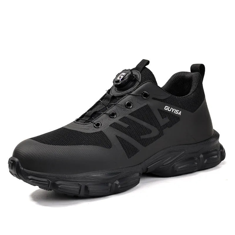 Black lightweight safety shoes with a flyknit upper, steel toe cap, and TPU sole.
