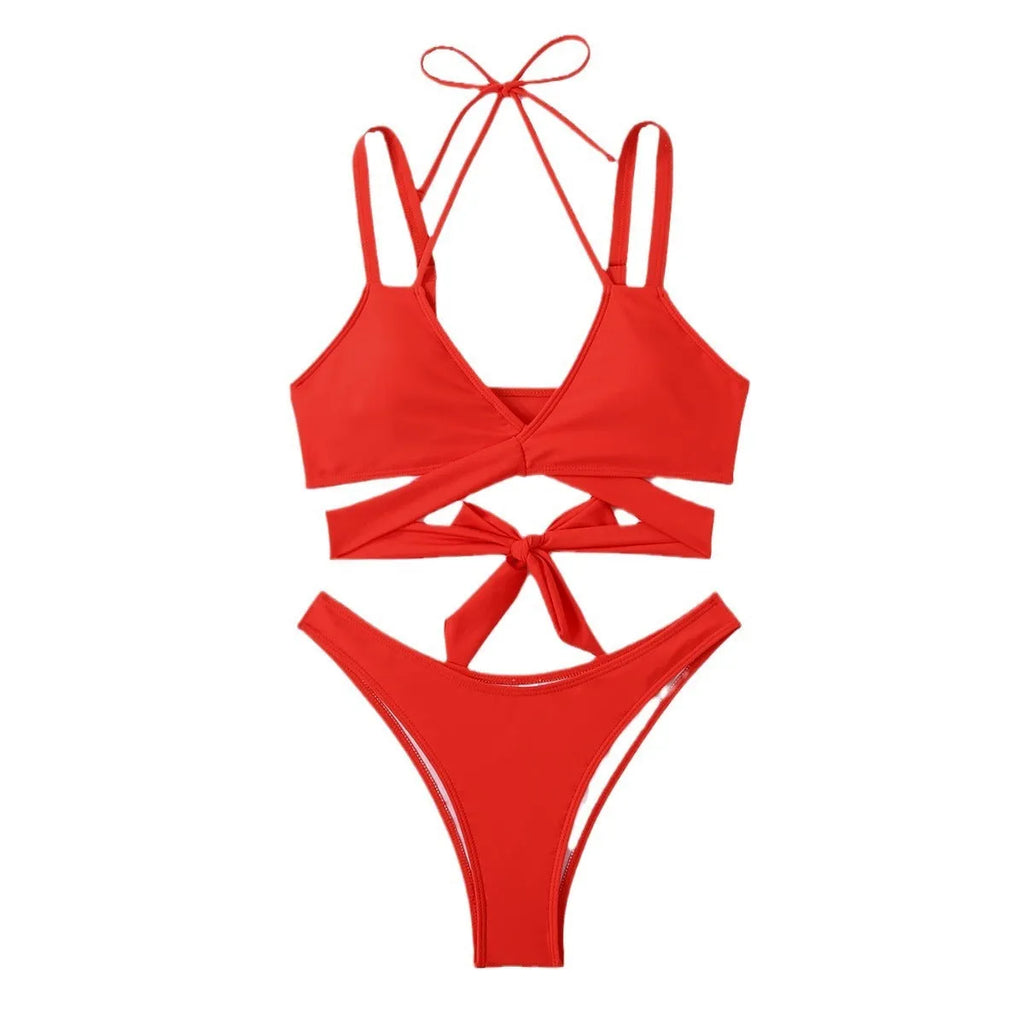 A solid colour women's bikini with straps, shown in a brief style, available in multiple colours.