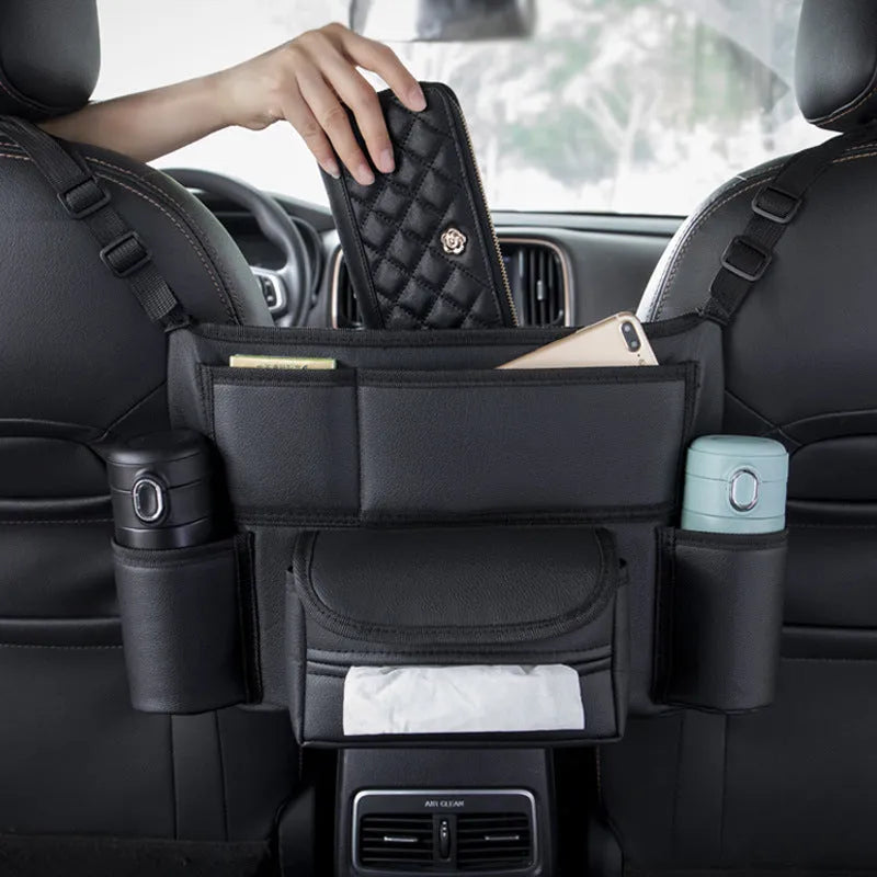 Black leather car seat tissue storage box showing dimensions and texture detail.