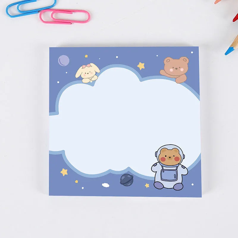 Cute cartoon bear sticky notes 8x8cm with 50 sheets, showing a Happy Bear design on a yellow background