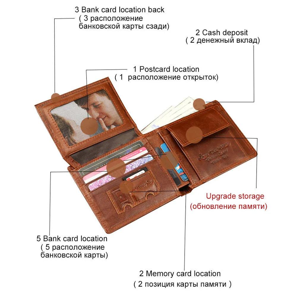 Men's smart leather wallet in brown with multiple card slots and built-in Bluetooth tracker