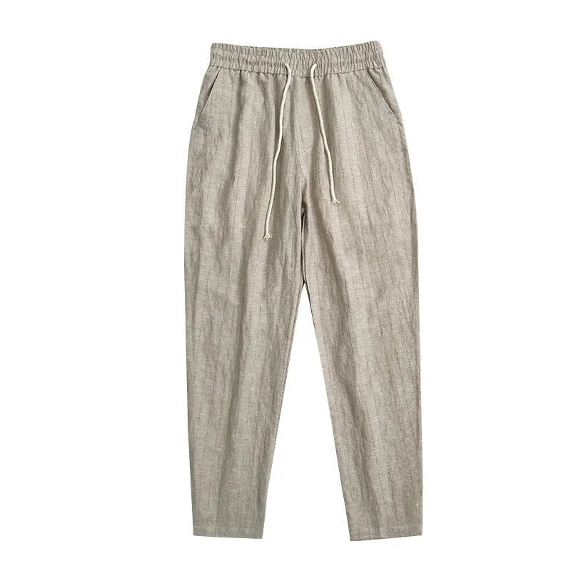Cotton and linen men's summer thin casual striped cropped pants, khaki stripe colour, side view
