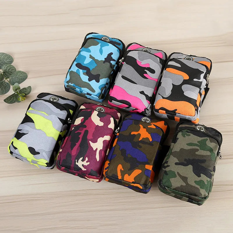 Camouflage water repellent running wrist bag for mobile phone with adjustable arm strap in seven colours