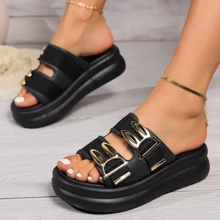 Women's thick bottom slippers in apricot, black and off white colours with suede upper