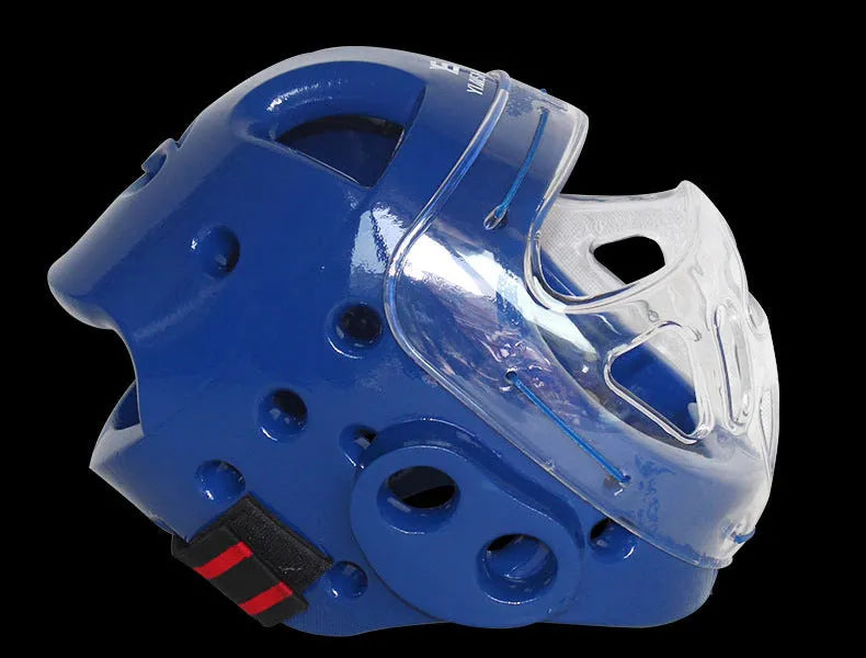 Karate helmet protective head equipment in white, blue, or red colours available in S, M, L, XL sizes