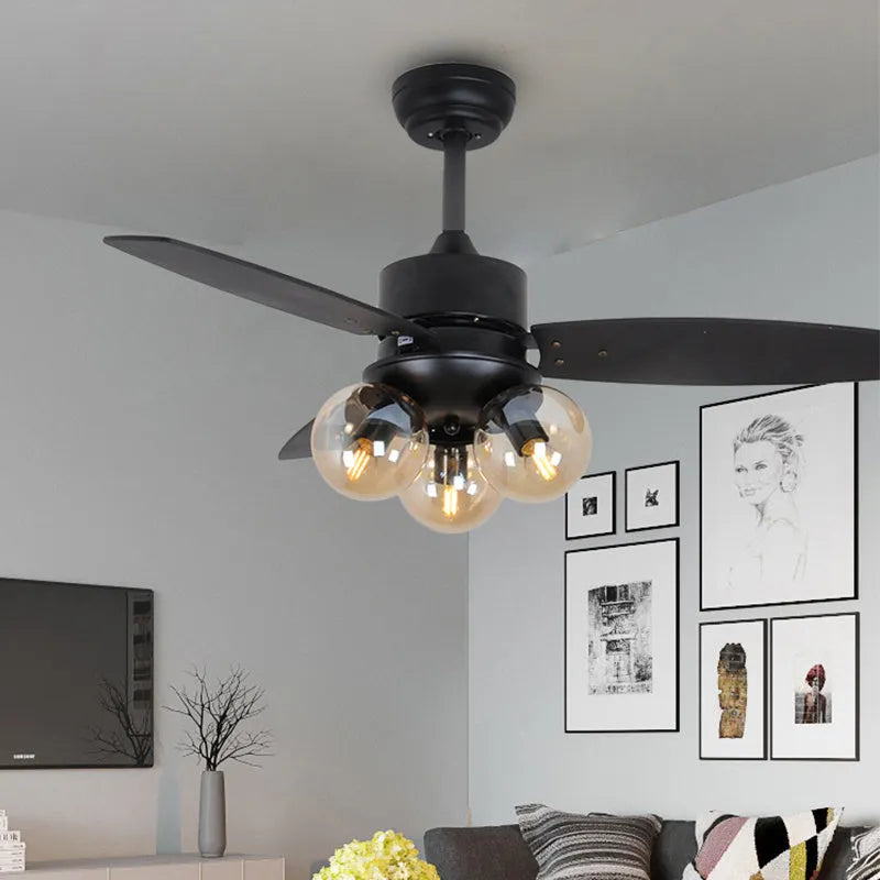 Ceiling fan light with wood blades and glass shade, 42 inch, available in black finish for living room use
