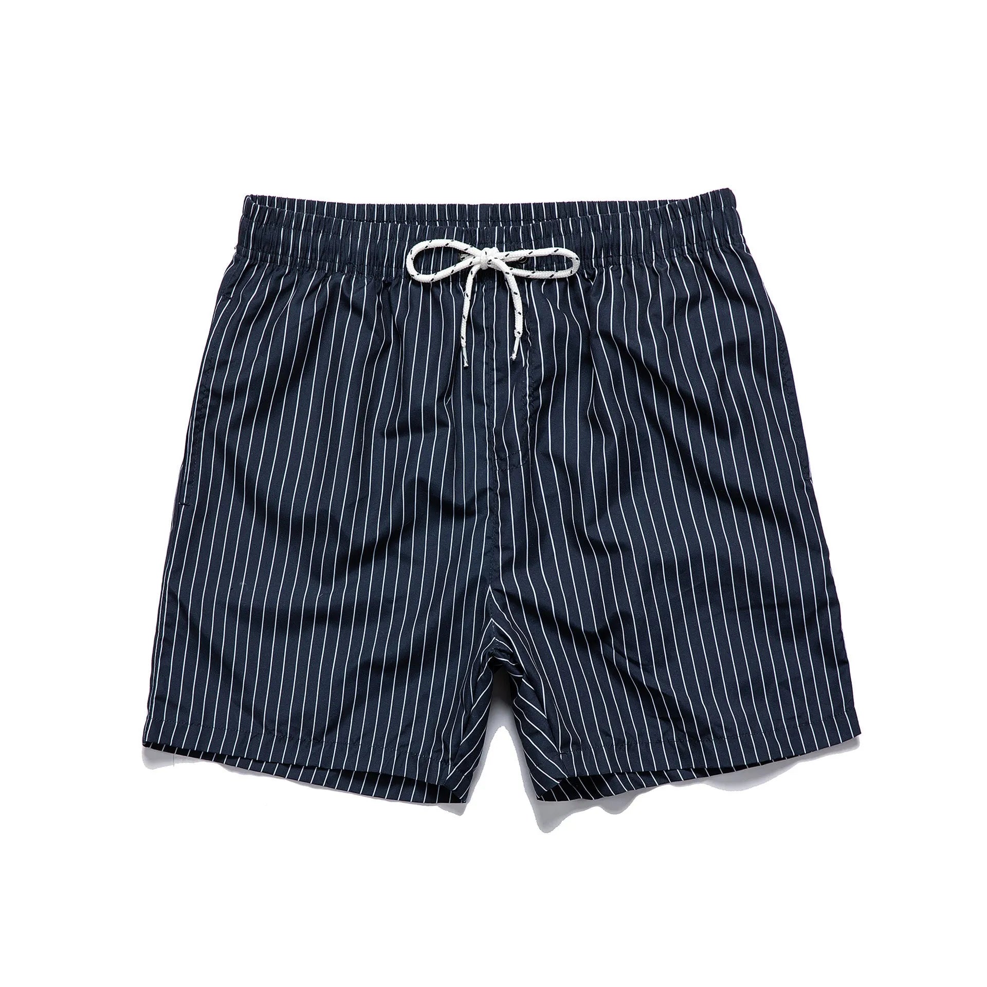 Man wearing grey striped polyester beach shorts with a straight leg opening