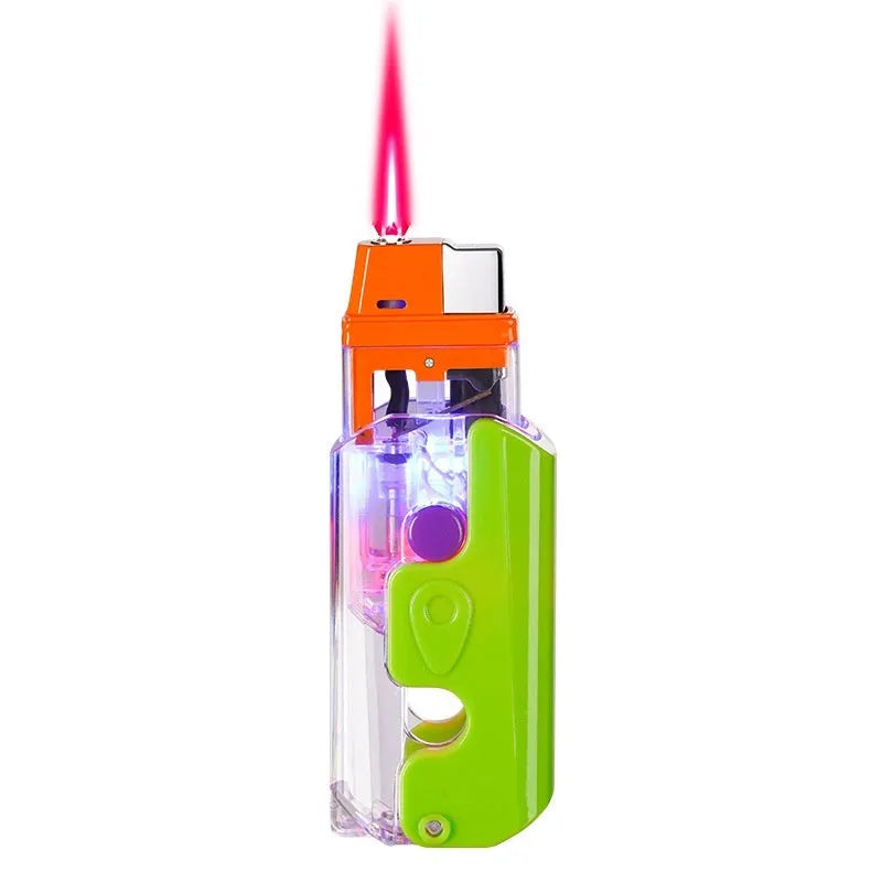 Colourful luminous lighter in orange, purple or green with wind-resistant plastic construction